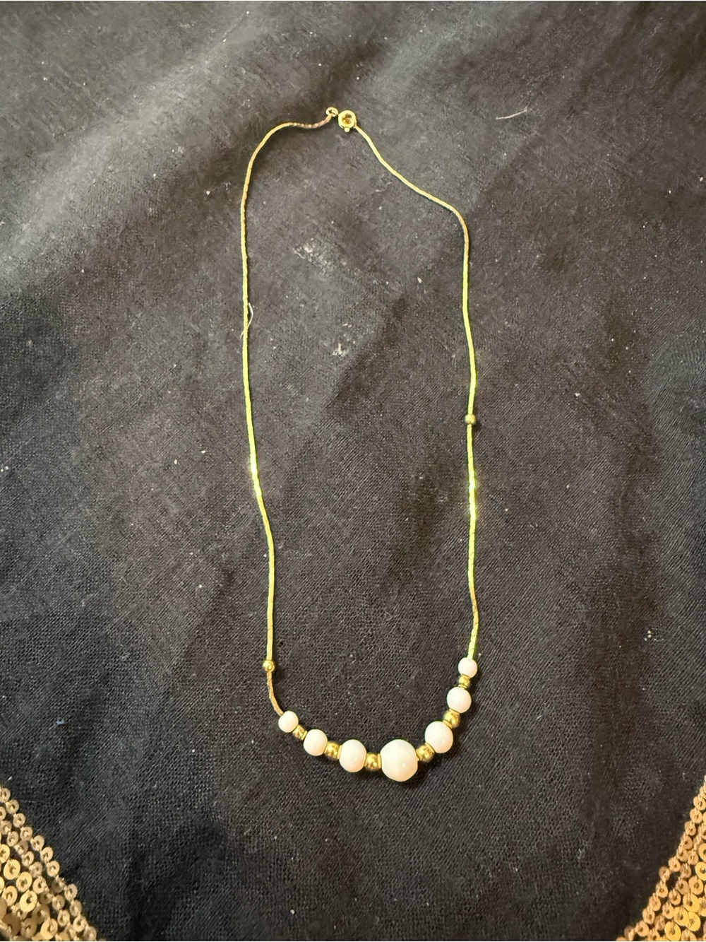 Delicate Cream Bead Necklace on Gold Cord